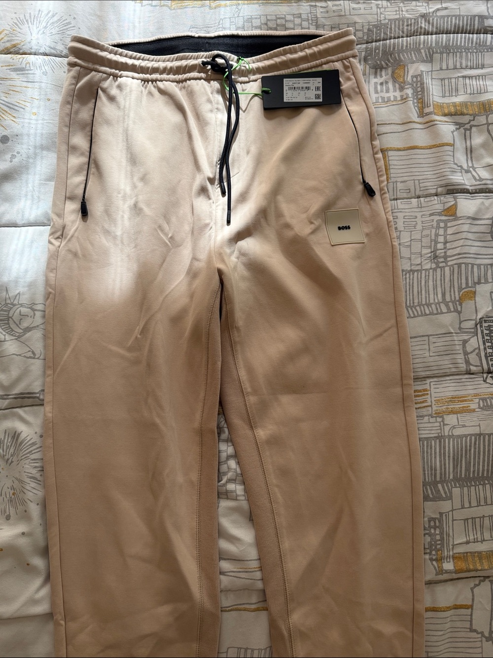 Boss Men's Light Beige Drawstring Sweatpants with Logo Patch